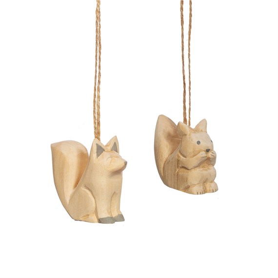 Wooden Handcarved Squirrel and Fox Hanging Ornaments Assorted