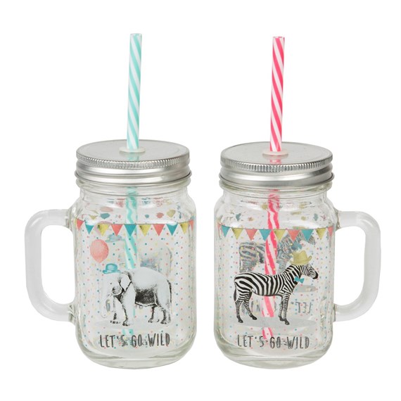 Party Animals Mason Drinking Jar with Straw Assorted