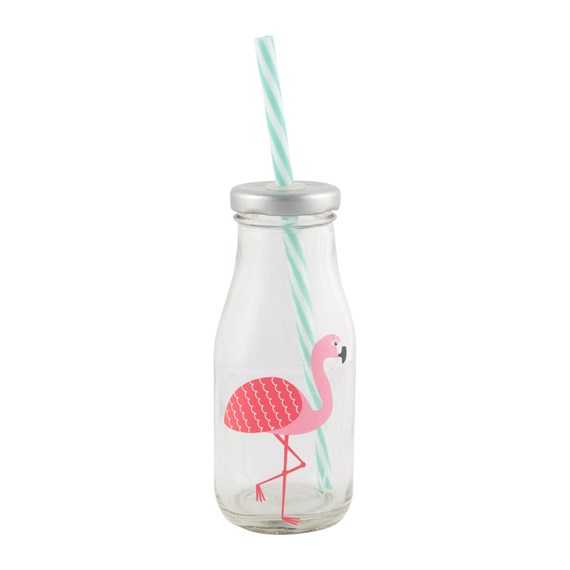 Tropical Flamingo Mini Milk Bottle with Straw