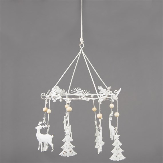 Whimsical White Reindeers & Trees Mobile