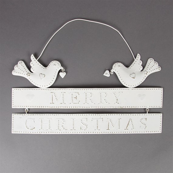 White Merry Christmas with Birds Hanging Plaque