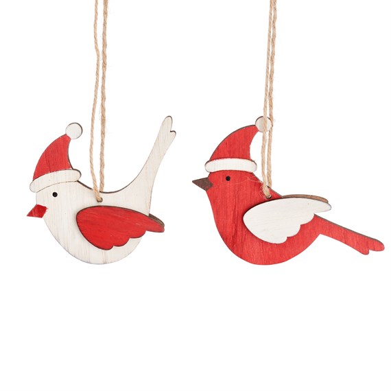 Wooden Red & White Bird Decoration Assorted