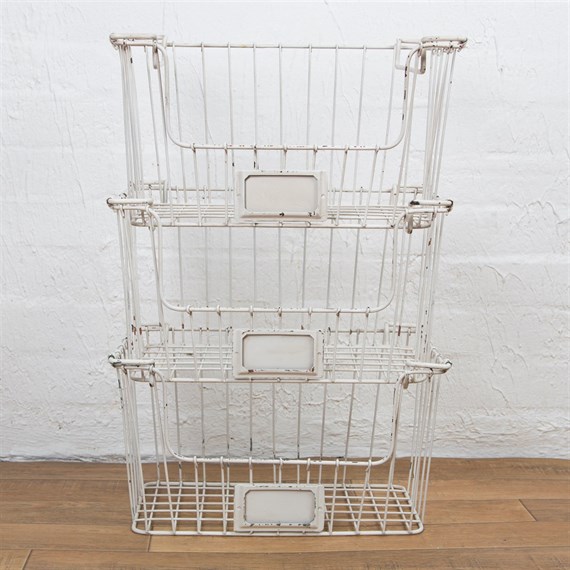 Vintage Industrial Wire Stacked Baskets White
