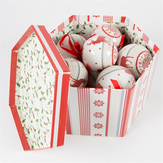 Set of 12 Red White Reindeer Baubles in Box