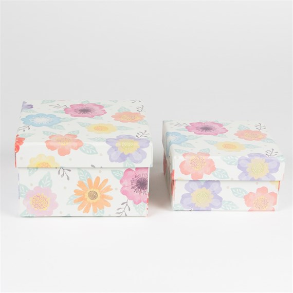 White Watercolour Floral Storage Box - Set of 2