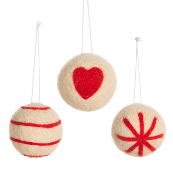 Cream & Red Felt Baubles - Set of 3