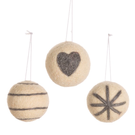 Cream & Grey Felt Baubles  -Set of 3