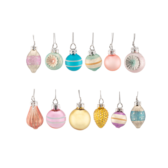 Multi Coloured Vintage Mini Baubles - Set of 12