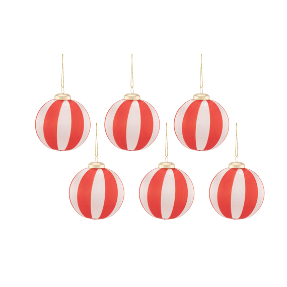 Red & White Stripe Yarn Shaped Baubles - Set of 6