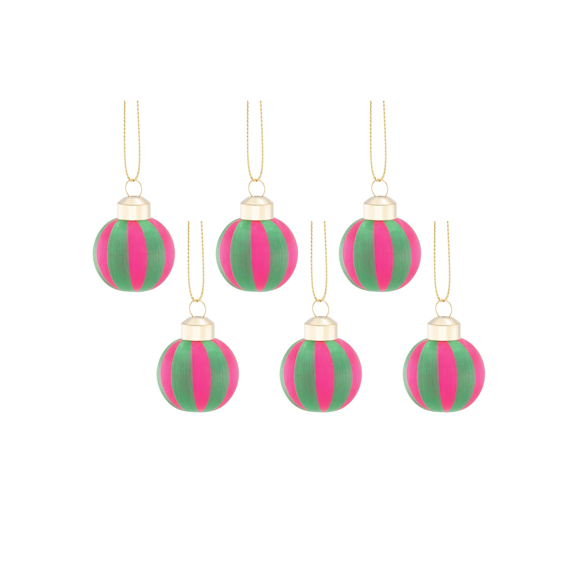 Small Green & Pink Stripe Yarn Shaped Baubles - Set of 6