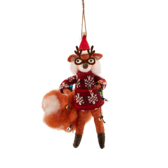 Fox with Fairy Lights and Glasses Felt Decoration