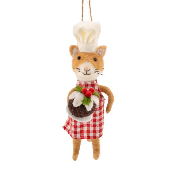 Chef Cat with Christmas Pudding Felt Decoration