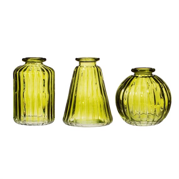 Olive Green Glass Bud Vases -  Set of 3