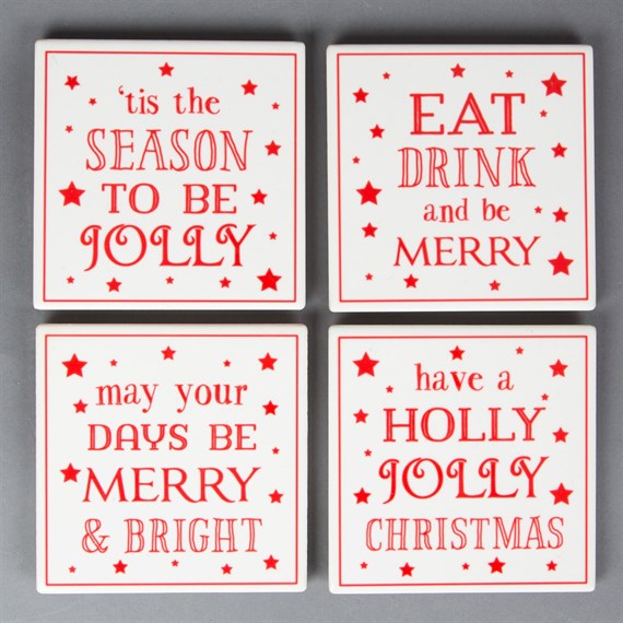 Set of 4 White Festive Christmas Tile Coasters