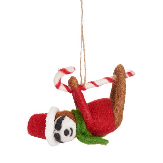 Sloth on Candy Cane Felt Decoration