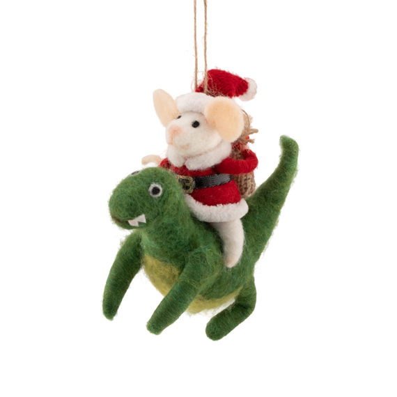 Santa Mouse on Dinosaur Felt Decoration