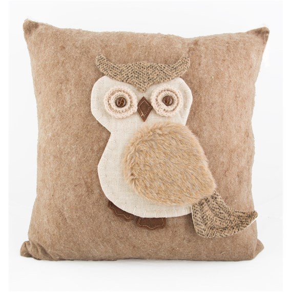 Fluffy Beige Owl Cushion with Inner