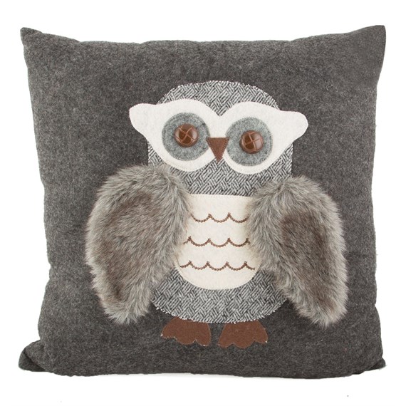 Fluffy Grey Owl Cushion with Inner
