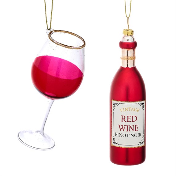 Christmas Cheer Red Wine and Glass Shaped Bauble - Set of 2