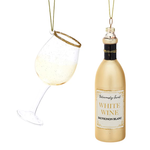 Christmas Cheer White Wine and Glass Shaped Bauble - Set of 2