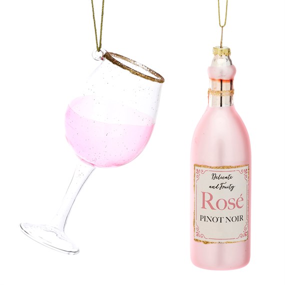 Christmas Cheer Rosé and Glass Shaped Bauble - Set of 2