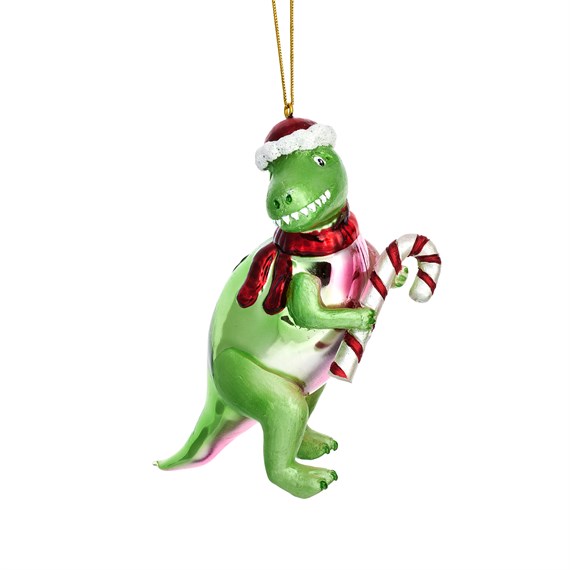 T-Rex with Candy Cane Shaped Bauble