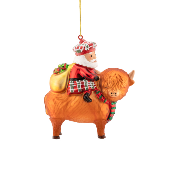 Scottish Santa on Highland Cow Shaped Bauble