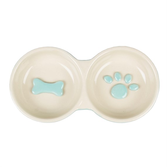 Paw Print Pet Double Food Bowl Small Blue