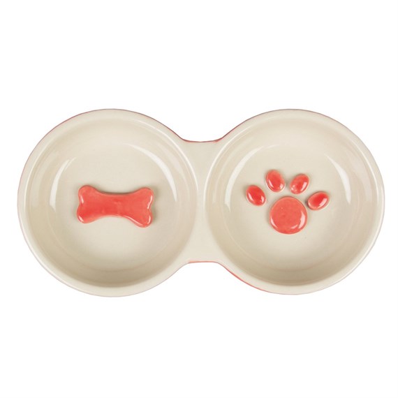 Paw Print Pet Double Food Bowl Small Red