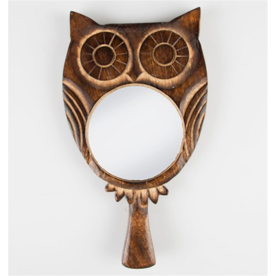 Carved Wood Owl Handheld Mirror