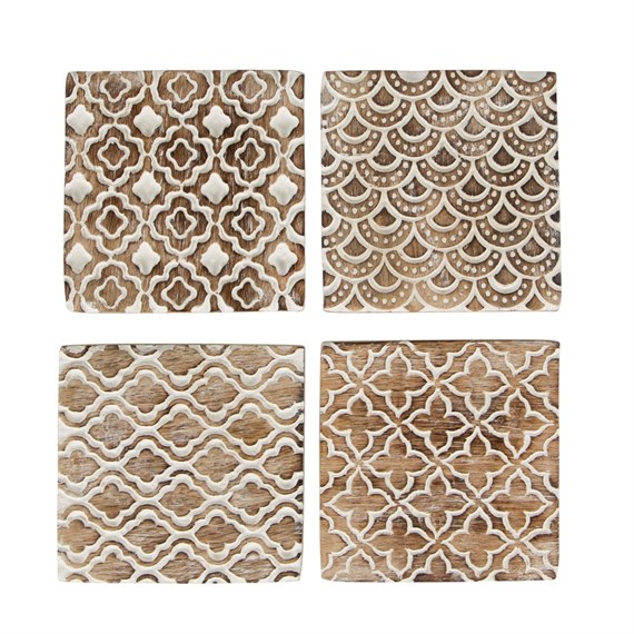Set of 4 Moroccan Geometrics Rustic Wood Coasters