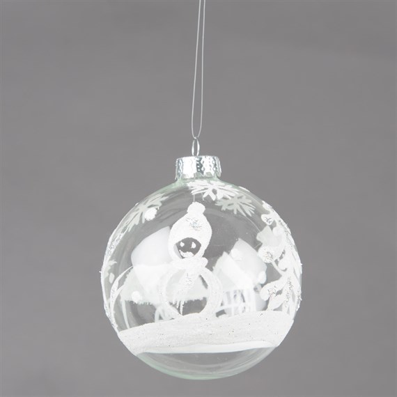 Snowman, House & Tree White Glass Bauble