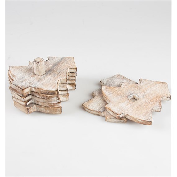 Set of 6 Rustic White Wood Christmas Tree Coasters