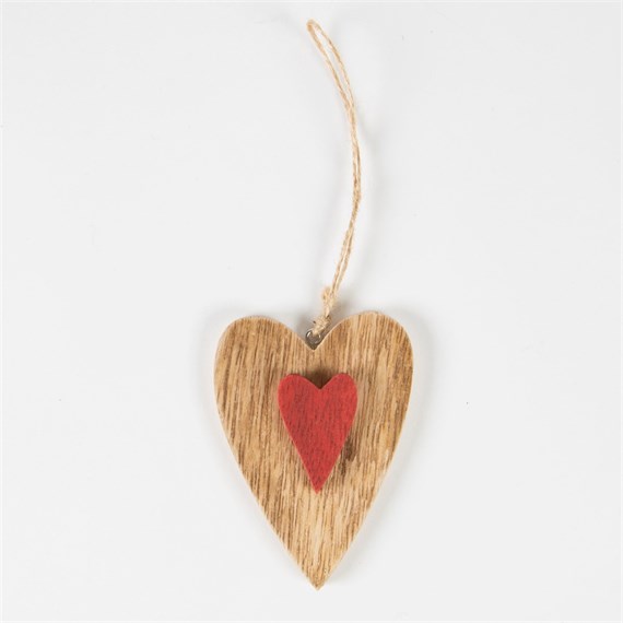 Natural Wood with Red Heart Hanging Decoration