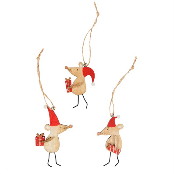 Christmas Mice Wooden Hanging Decoration Assorted