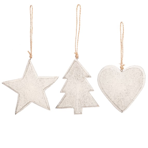 Whitewash Wooden Christmas Decorations - Set of 3