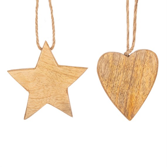 Natural Wood Heart & Star Decorations Assorted