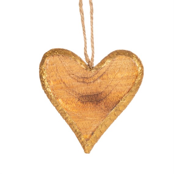 Natural Wood Hanging Heart Decoration with Golden Rim Small