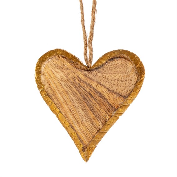 Natural Wood Hanging Heart Decoration with Golden Rim Large