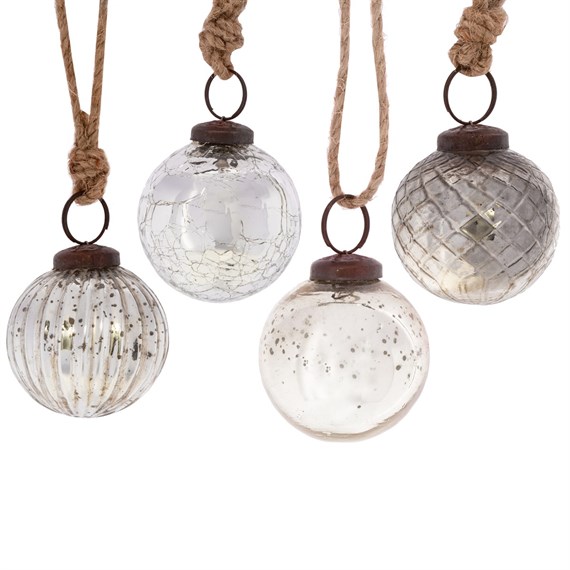 Silver Crackle Glass Bauble - Set of 4