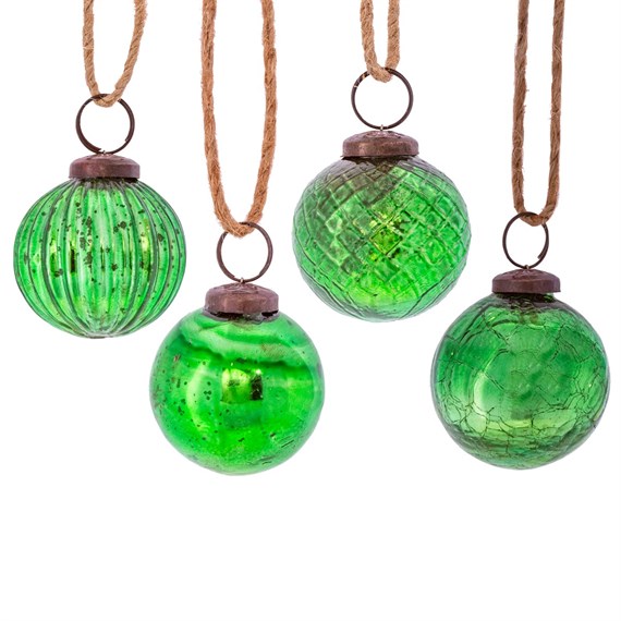 Green Crackle Glass Bauble - Set of 4