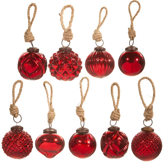 Red Crackle Glass Mini Bauble - Set of 9