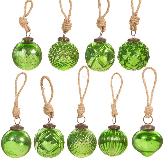 Green Crackle Glass Mini Bauble - Set of 9