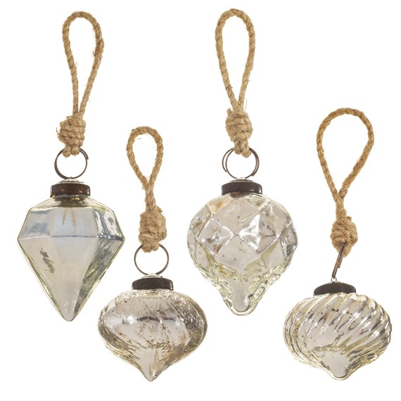 Silver Crackle Glass Assorted Shaped Bauble -  Set of 4