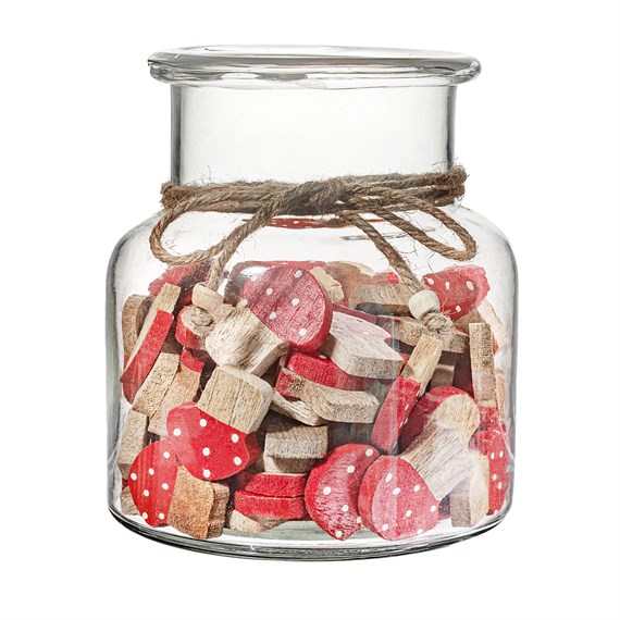 Mini Wooden Mushrooms in  Glass Jar- 90 Pieces Assorted