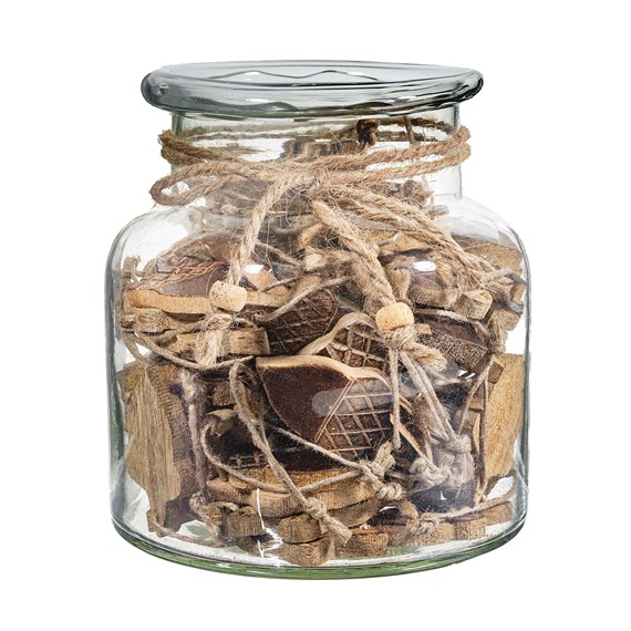 Mango Wood Mini Acorns in  Glass Jar- 90 Pieces Assorted