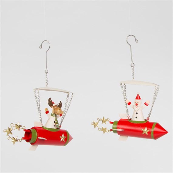 Santa & Reindeer in Rocket Hanging Decoration Assorted