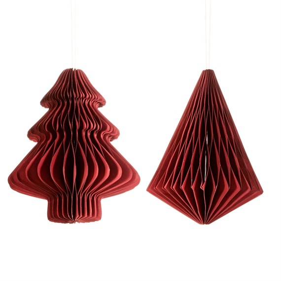 Deep Red Tree & Diamond Paper Honeycomb Hanging Decoration - Assorted