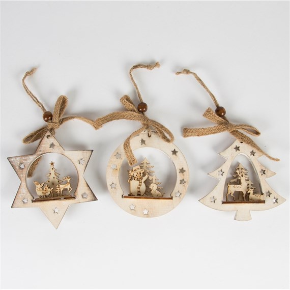 Natural Wood Cutout Christmas Scene Hanging Decoration Assorted