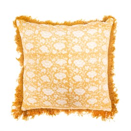 Block Print Fringed Cushion Cover Mustard
